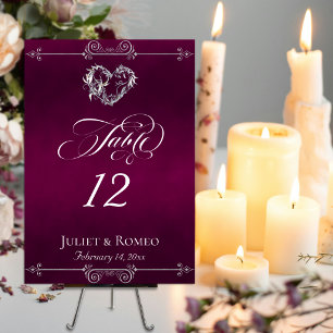 Calligraphy & Silver Heart - Plum Table Number