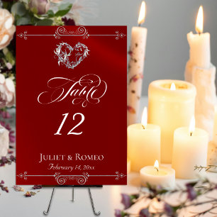 Calligraphy & Silver Heart - Red Table Number