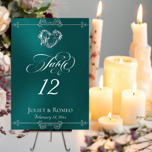 Calligraphy & Silver Heart - Teal Table Number