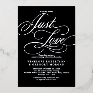 Calligraphy silver nothing fancy just love wedding foil invitation