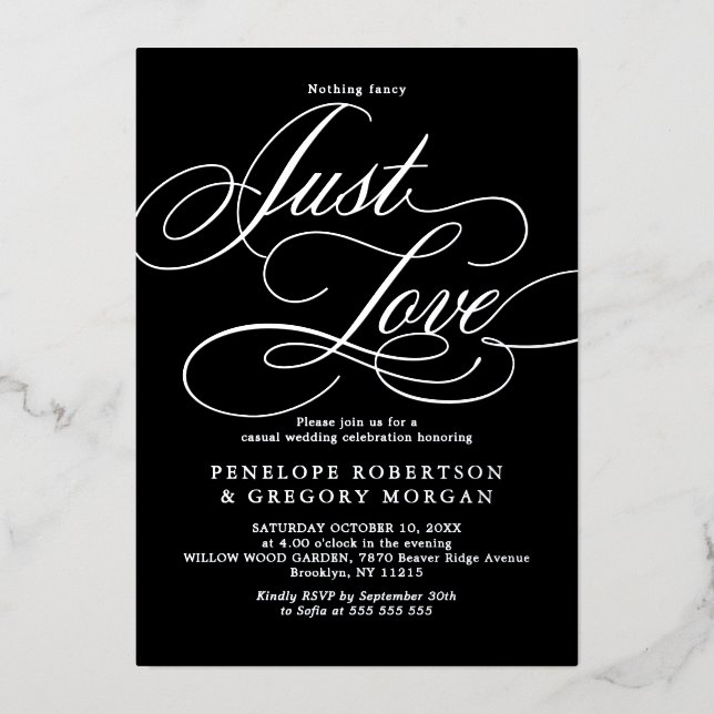 Calligraphy silver nothing fancy just love wedding foil invitation (Front)