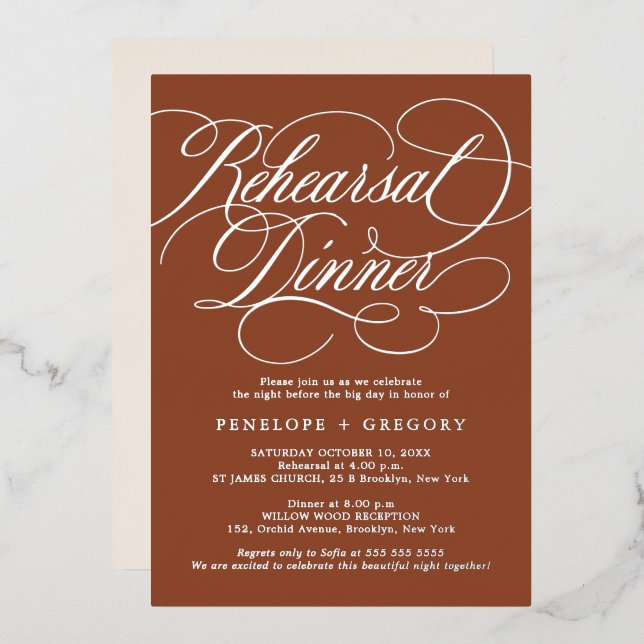 Calligraphy Silver terracotta Rehearsal Dinner Foil Invitation (Front/Back)