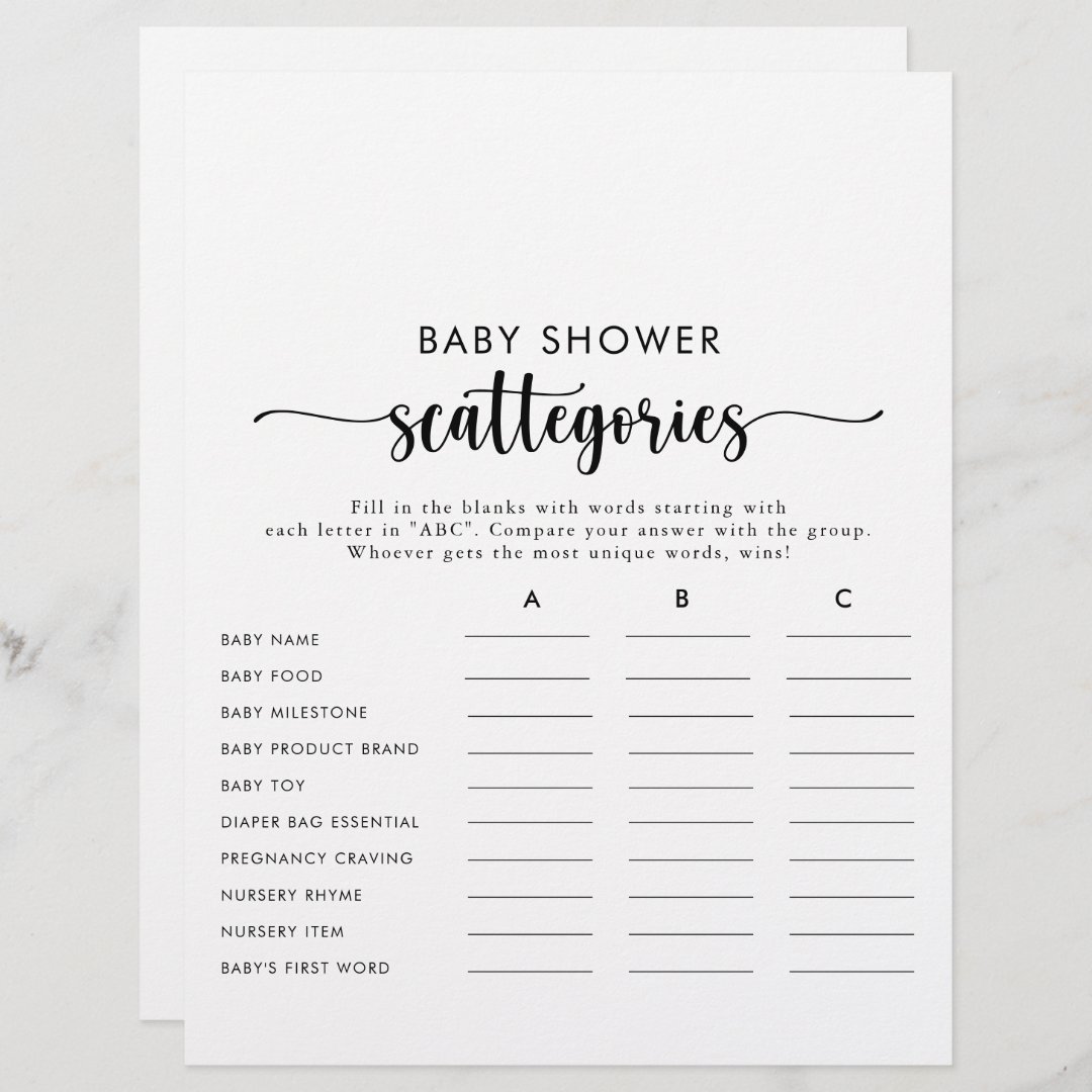 Calligraphy Simple Baby Shower Scattegories Game | Zazzle