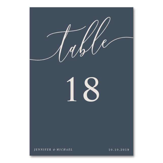 Calligraphy Simple Dark Blue And Ivory Wedding Table Number (Front)