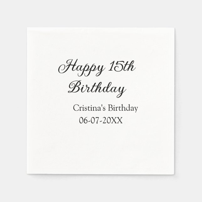 calligraphy simple minimal happy 15th birthday napkins (Front)