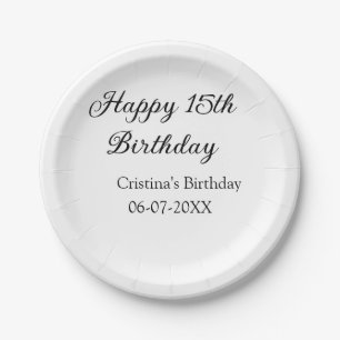 calligraphy simple minimal happy 15th birthday paper plates
