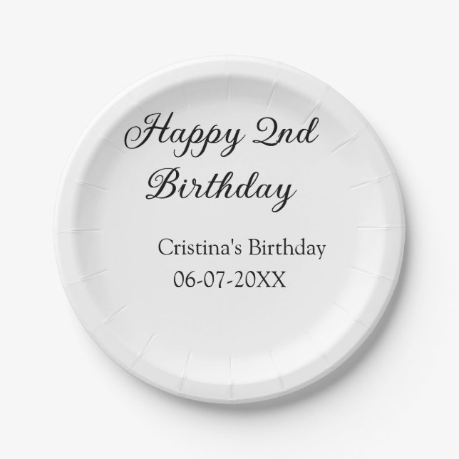 calligraphy simple minimal happy 2nd birthday paper plates (Front)