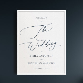 Calligraphy Simple Navy Blue Wedding Welcome Poster