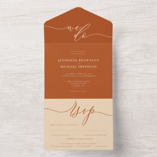 Calligraphy Simple we do beige terracotta Wedding All In One Invitation
