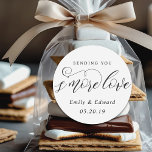 Calligraphy S'more Love Personalized Wedding Favor Classic Round Sticker<br><div class="desc">Custom-designed S'mores wedding favor stickers/labels featuring "sending you s'more love" in elegant modern hand calligraphy design. Personalize with couple/bride and groom's names and wedding date for a modern and stylish look on S'mores wedding favor packagings.</div>