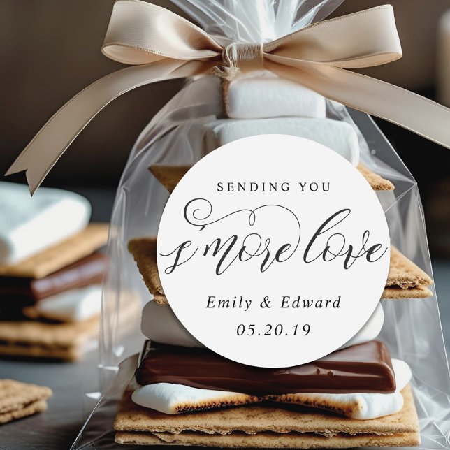 Calligraphy S'more Love Personalized Wedding Favor Classic Round Sticker (Creator Uploaded)