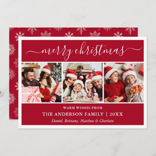 Calligraphy Snowflakes Merry Christmas Red 3 Photo Holiday Card