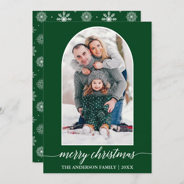 Calligraphy Snowflakes Photo Arch Christmas Green Holiday Card (Front/Back)