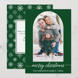 Calligraphy Snowflakes Photo Arch Christmas Green Holiday Card