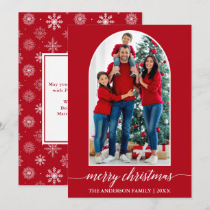 Calligraphy Snowflakes Photo Arch Christmas Red Holiday Card