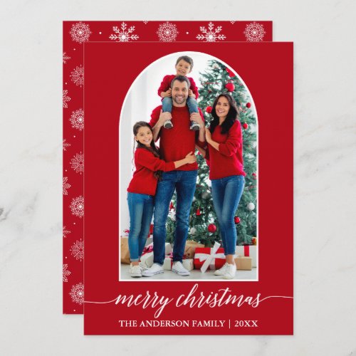 Calligraphy Snowflakes Photo Arch Christmas Red Holiday Card