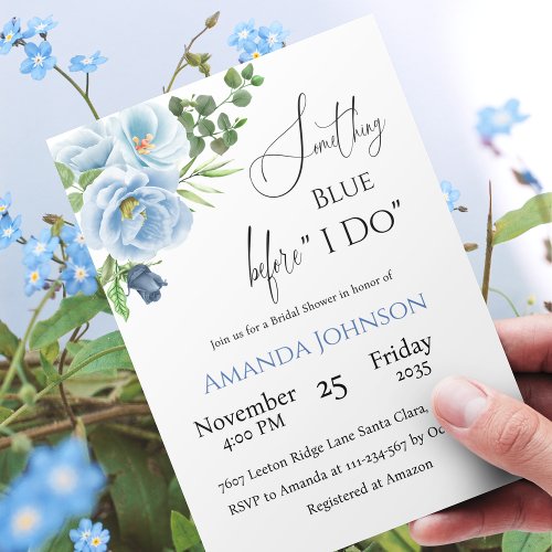 Calligraphy Something Blue Floral Bridal Shower Invitation