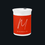 Calligraphy stylish red white monogram your name beverage pitcher<br><div class="desc">Plain Minimalist Modern Designs. They're all simple,  attractive,  unique.</div>