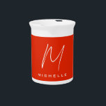 Calligraphy stylish red white monogram your name beverage pitcher<br><div class="desc">Plain Minimalist Modern Designs. They're all simple,  attractive,  unique.</div>