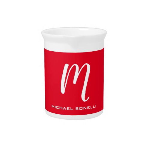 Calligraphy stylish red white monogram your name beverage pitcher