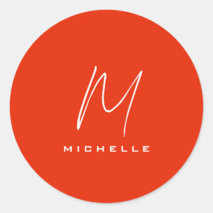 Calligraphy stylish red white monogram your name classic round sticker
