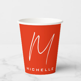 Calligraphy stylish red white monogram your name paper cups