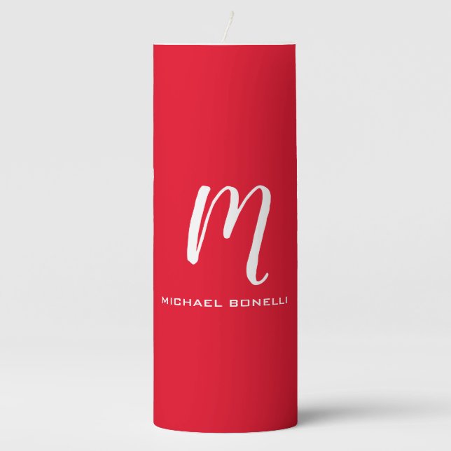 Calligraphy stylish red white monogram your name pillar candle (Front)