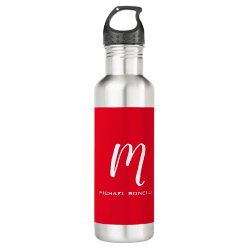 Calligraphy stylish red white monogram your name stainless steel water bottle