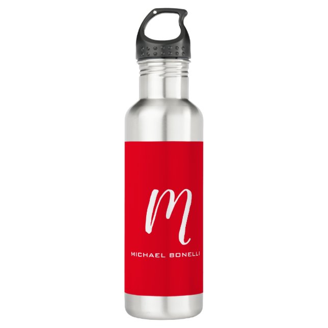 Calligraphy stylish red white monogram your name stainless steel water bottle (Front)