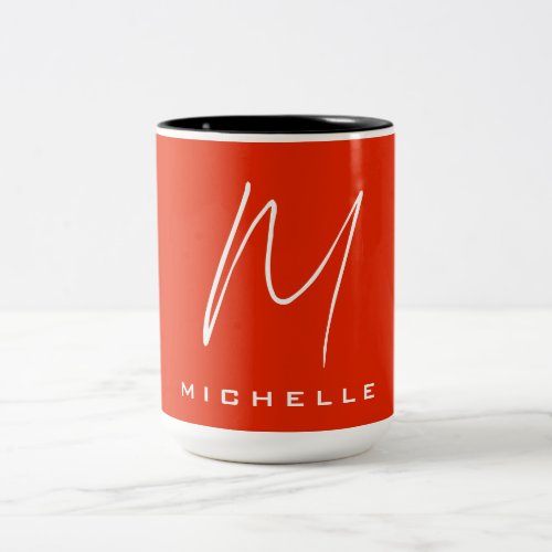 Calligraphy stylish red white monogram your name Two_Tone coffee mug