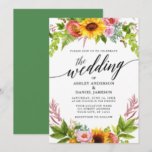 Calligraphy Sunflower Boho Floral Greenery Wedding Invitation