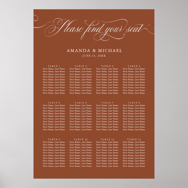 Calligraphy Terracotta wedding Seating Chart (Front)