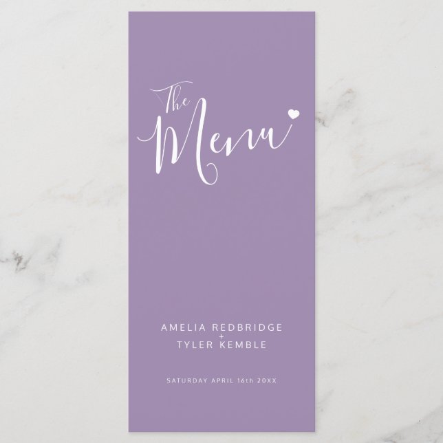 Calligraphy text white heart on purple wedding menu (Front)