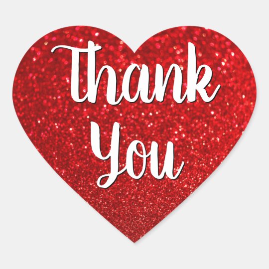 Calligraphy Thank You Red Glitter Bokeh Heart Sticker