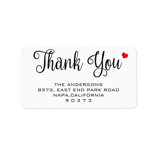 Calligraphy Thank You Red Heart Return Address Label (Front)