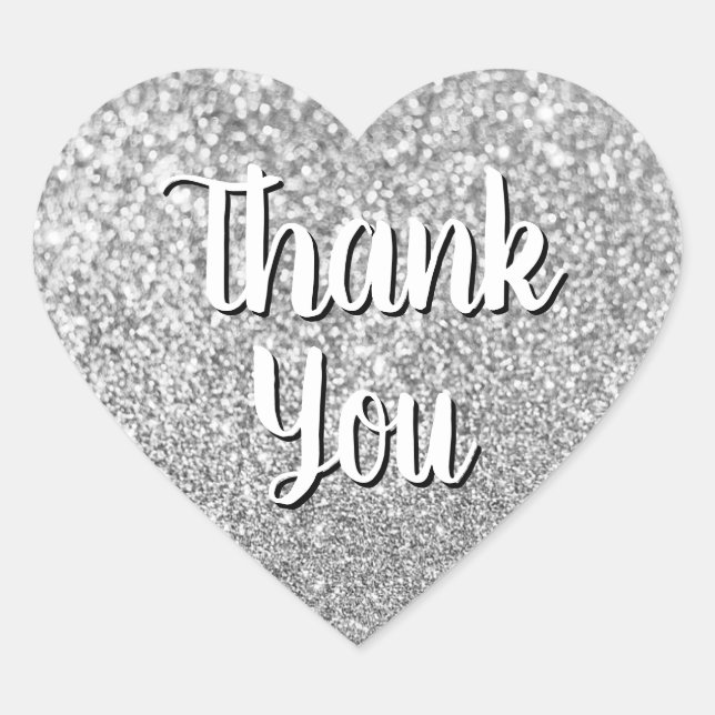 Calligraphy Thank You Silver Glitter Bokeh Heart Sticker (Front)