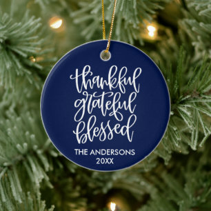 Calligraphy Thankful Grateful Blessed Blue Ceramic Ornament