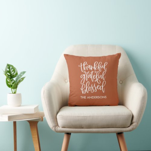 Calligraphy Thankful Grateful Blessed Fall Orange Throw Pillow