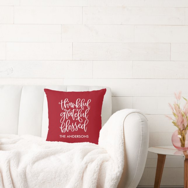 Calligraphy Thankful Grateful Blessed Name Red Throw Pillow (Couch)