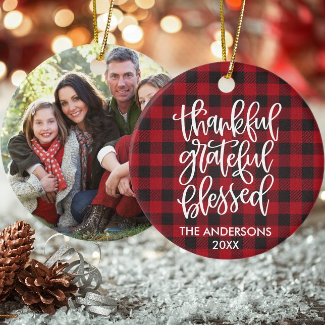 Calligraphy Thankful Grateful Blessed Plaid Photo Ceramic Ornament (Customize to change your personalized text size or text style.)
