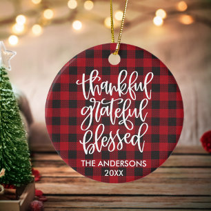Calligraphy Thankful Grateful Blessed Red Plaid Ceramic Ornament