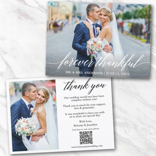 Calligraphy Thankful QR Code 2 Photo Wedding Thank You Card