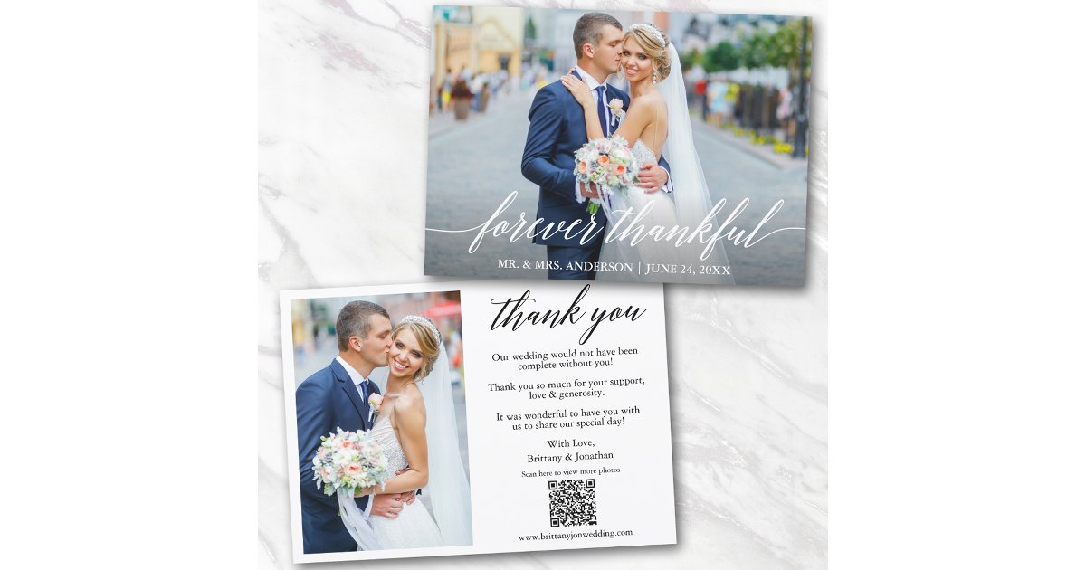 Calligraphy Thankful QR Code 2 Photo Wedding Thank You Card | Zazzle