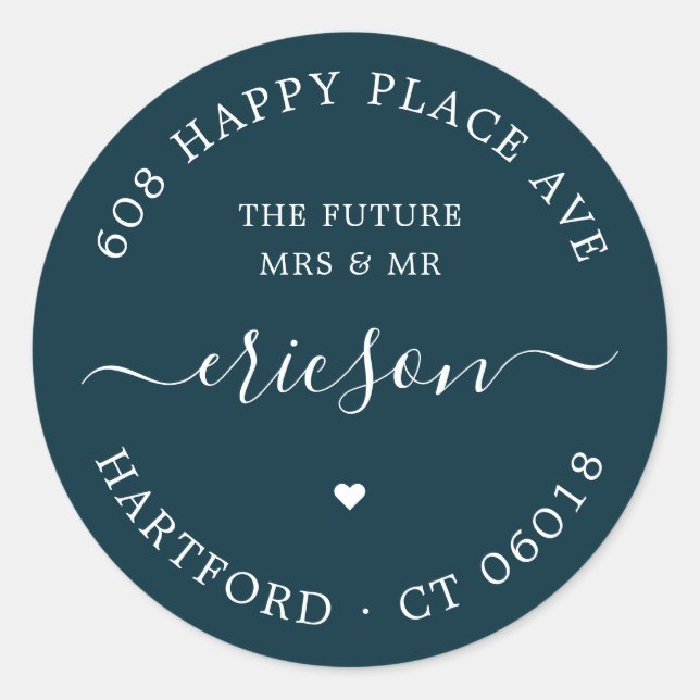 Calligraphy The Future Wedding Return Address Classic Round Sticker (Front)