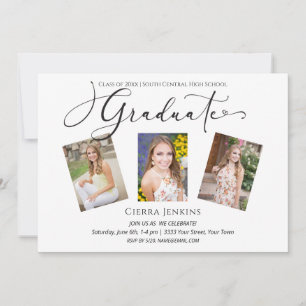 Calligraphy Three Photo White Graduation Party Invitation