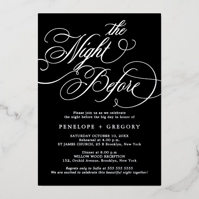 Calligraphy timeless Silver The night before  Foil Invitation (Front)