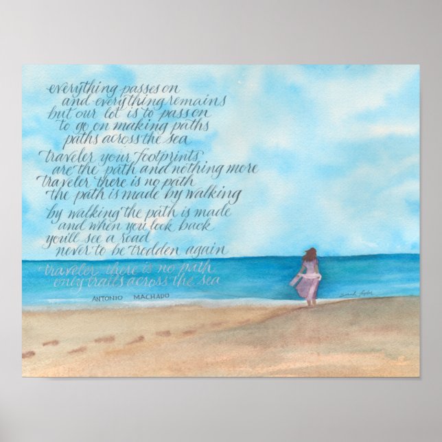 Calligraphy Traveler Poem on Watercolor Beach Poster (Front)