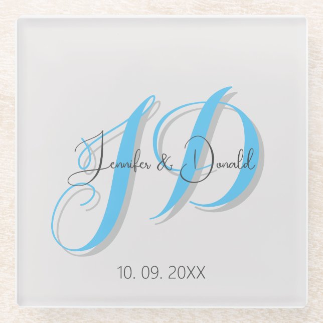 Calligraphy trendy classical script monogram glass coaster (Front)