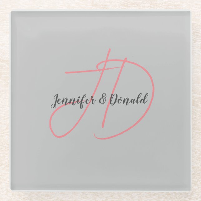 Calligraphy trendy classical script monogram glass coaster (Front)