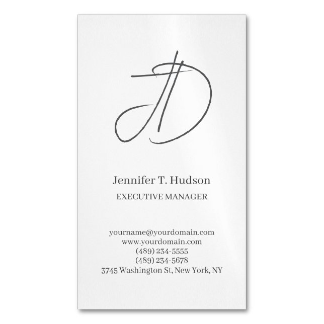 Calligraphy trendy classical script monogram grey business card magnet (Front Vertical)